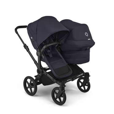 Bugaboo Donkey 6 double stroller black base, deep indigo fabrics, deep indigo sun canopy
