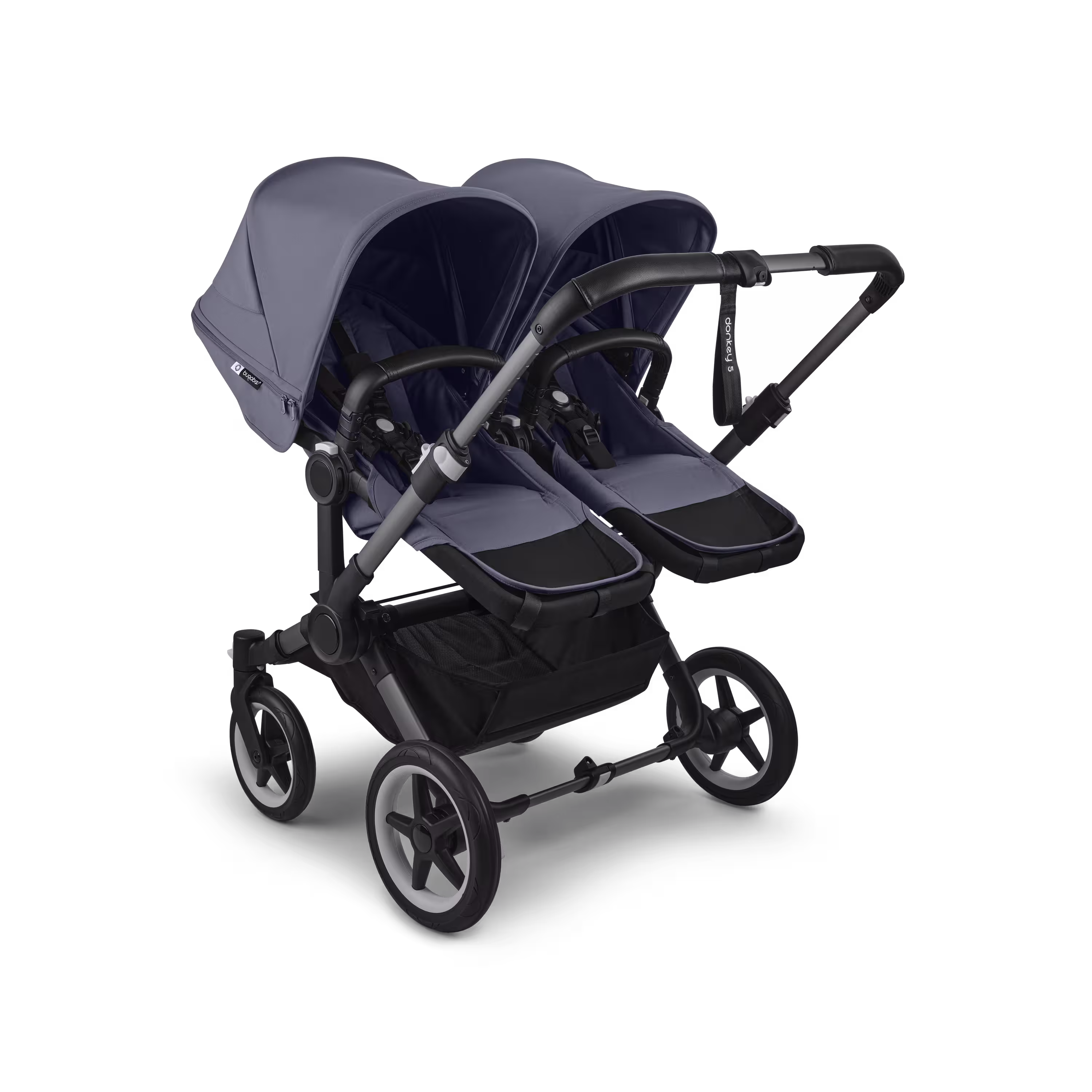 Bugaboo Donkey 5 twin stroller graphite base, stormy blue fabrics, stormy blue sun canopy - Main Modal Image Slide 3 of 12
