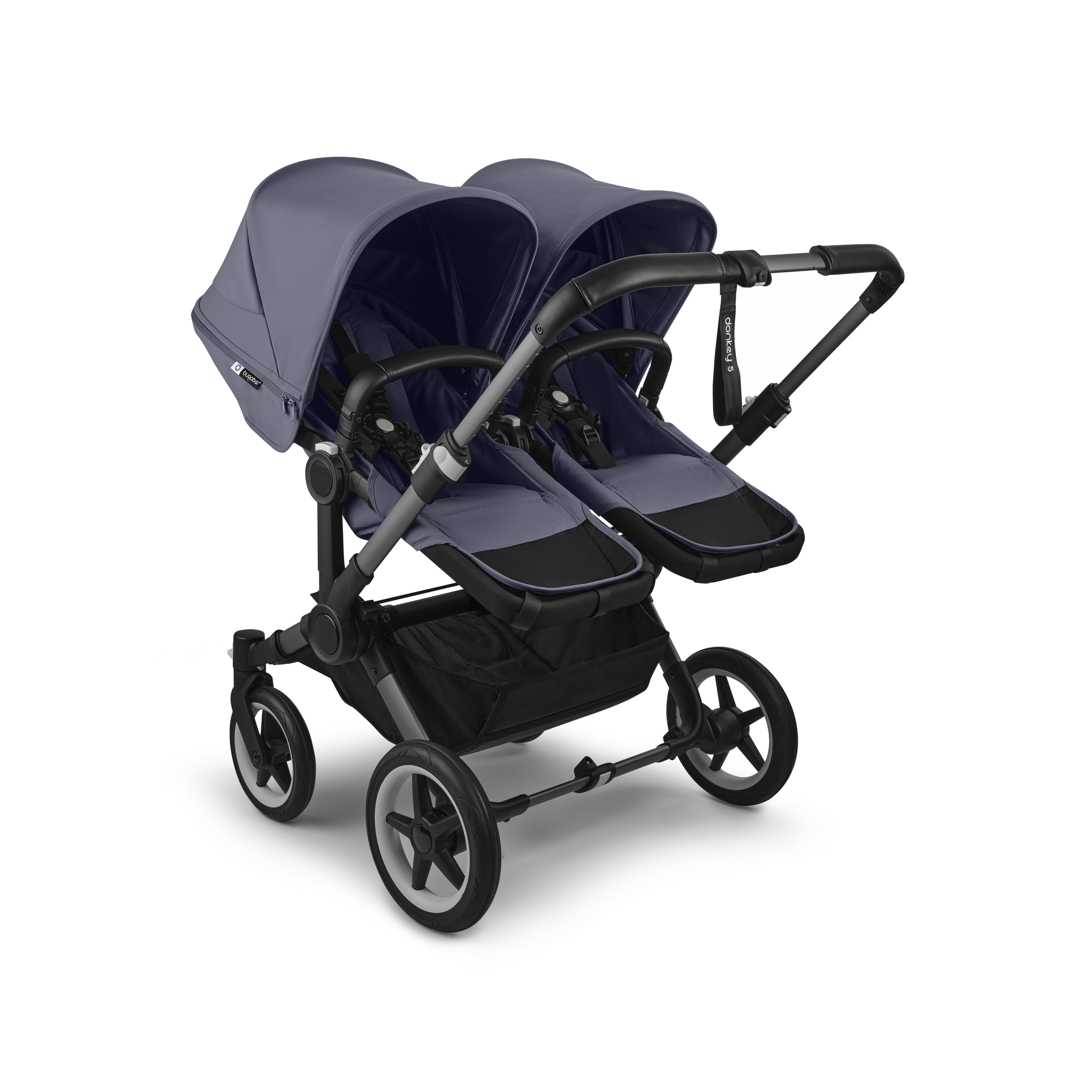 Bugaboo Donkey 5 twin stroller graphite base, stormy blue fabrics, stormy blue sun canopy - Thumbnail Slide 3 of 12