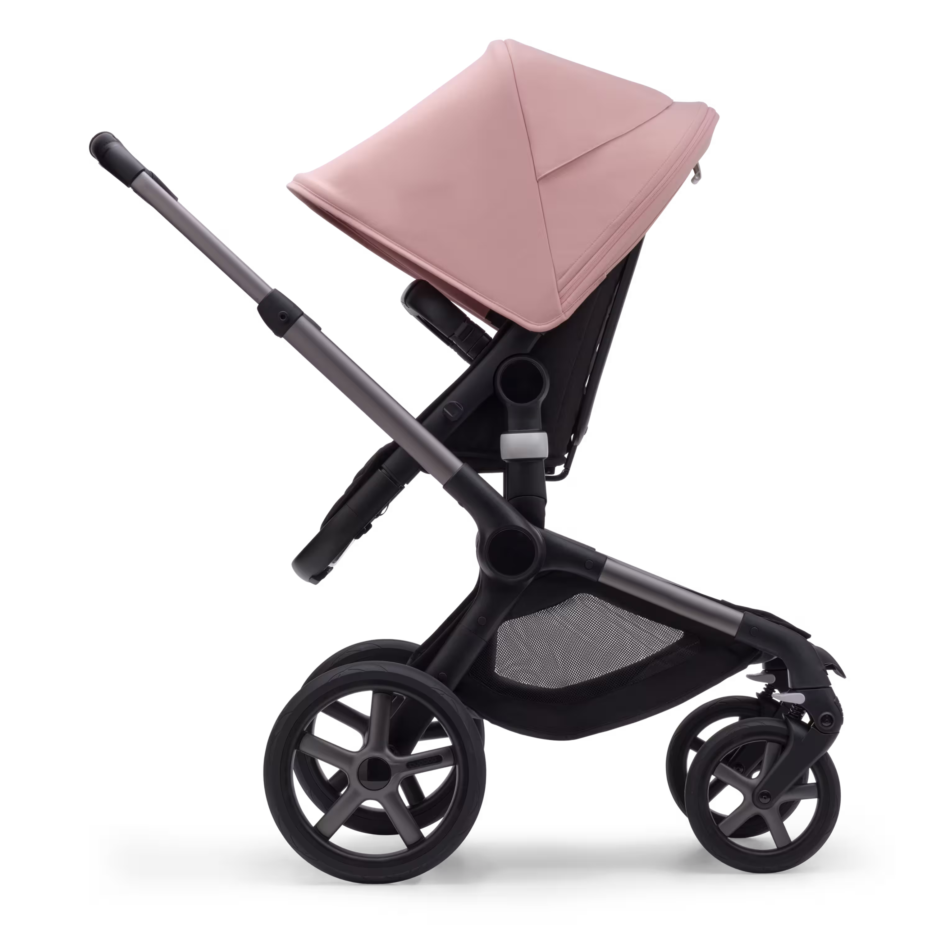 Side view of the Bugaboo Fox 5 seat pushchair with graphite chassis, midnight black fabrics and morning pink sun canopy. - Main Modal Image Slide 3 of 13