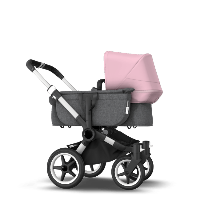 Bugaboo Donkey 3 Mono seat and carrycot pushchair soft pink sun canopy, grey melange fabrics, aluminium base