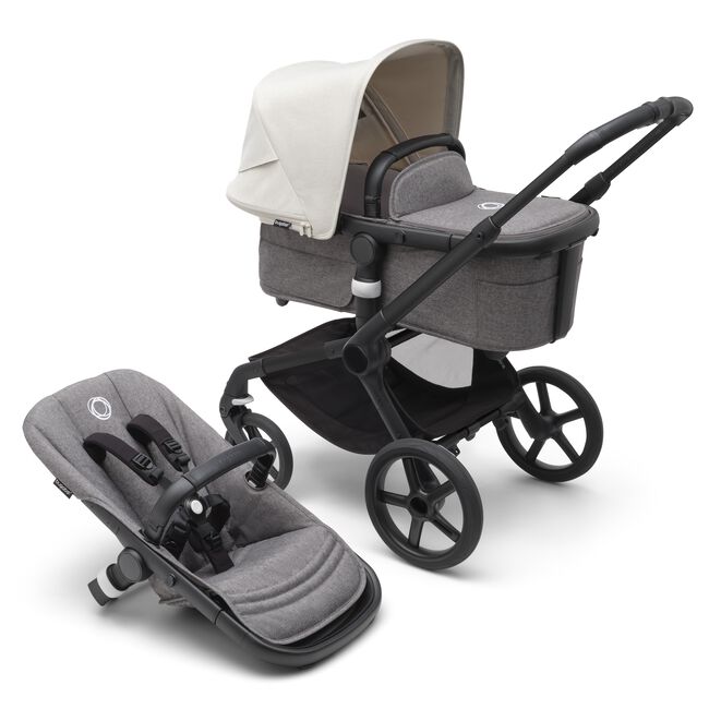 Bugaboo Fox 5 bassinet and seat pram with black chassis, grey melange fabrics and misty white sun canopy. - Main Image Slide 1 of 13