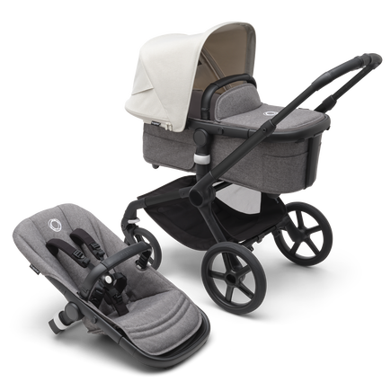 Bugaboo Fox 5 bassinet and seat pram with black chassis, grey melange fabrics and misty white sun canopy.