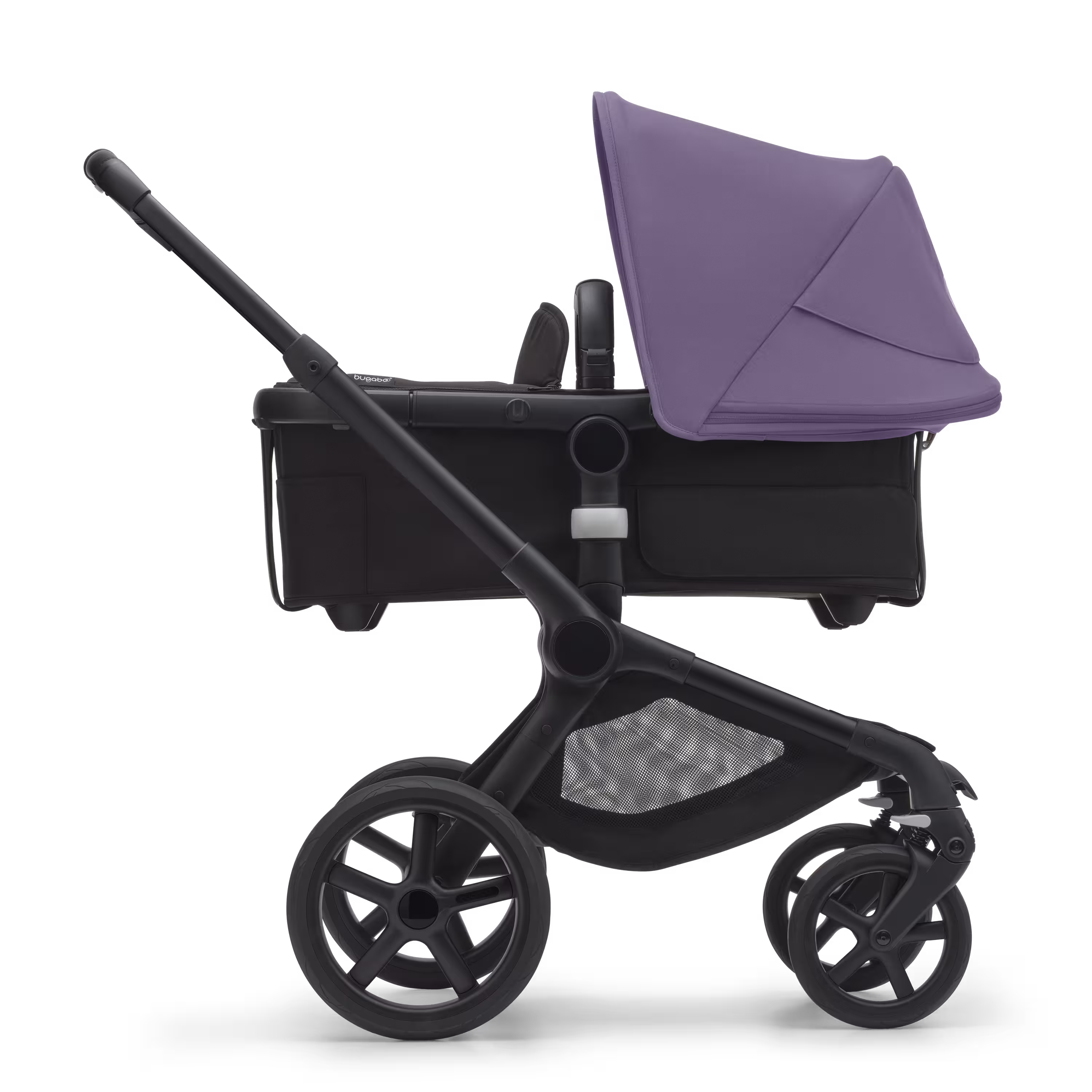 Side view of the Bugaboo Fox 5 bassinet stroller with black chassis, midnight black fabrics and astro purple sun canopy. - Main Modal Image Slide 2 of 12