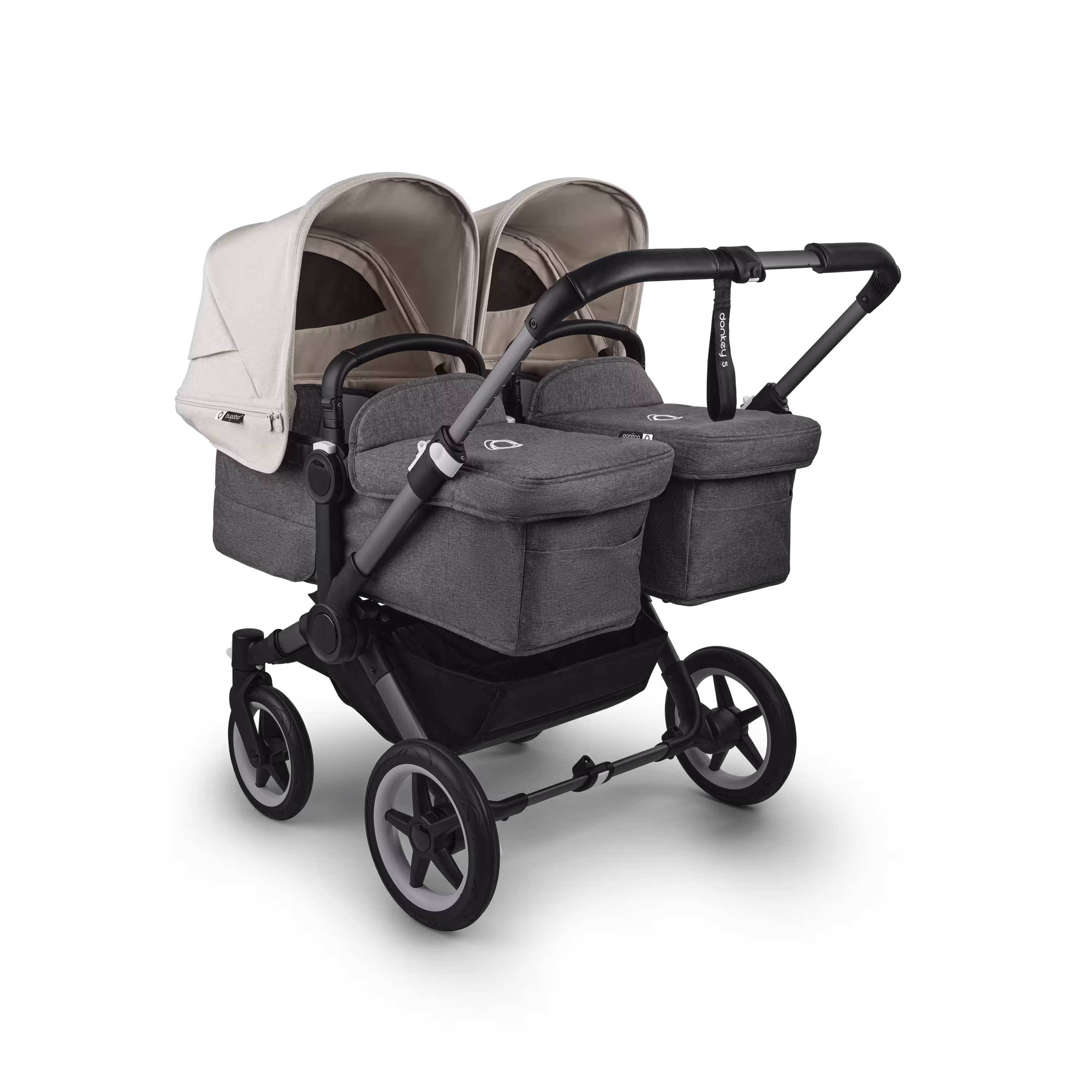 Bugaboo Donkey 5 twin stroller graphite base, grey mélange fabrics, misty white sun canopy - Main Modal Image Slide 1 of 12