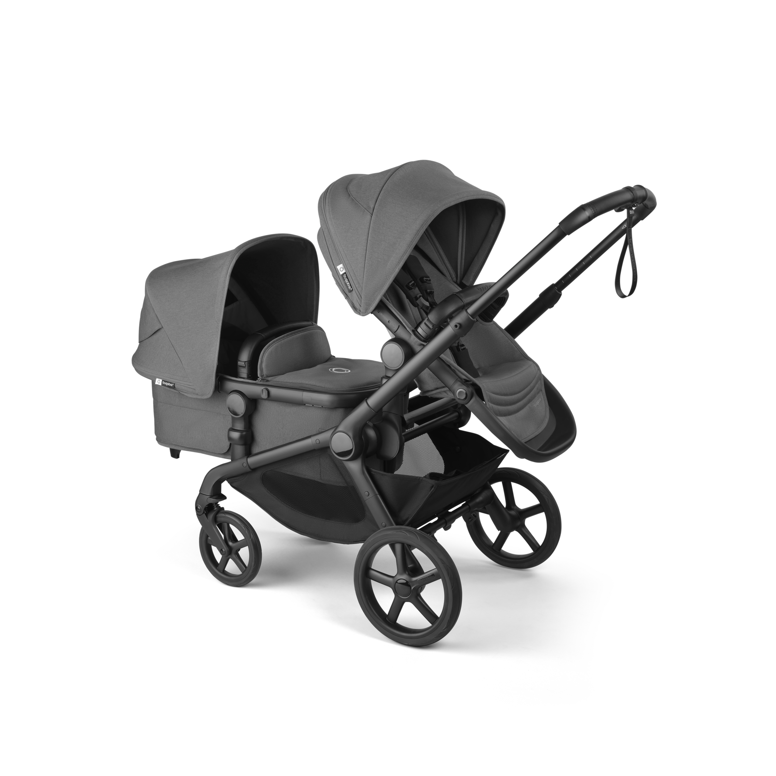 Bugaboo Kangaroo tandem stroller black base, moon grey fabrics, moon grey sun canopy - Thumbnail Slide 2 of 20