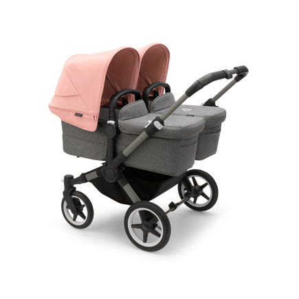 Bugaboo Donkey 5 Twin bassinet and seat stroller graphite base, grey mélange fabrics, morning pink sun canopy