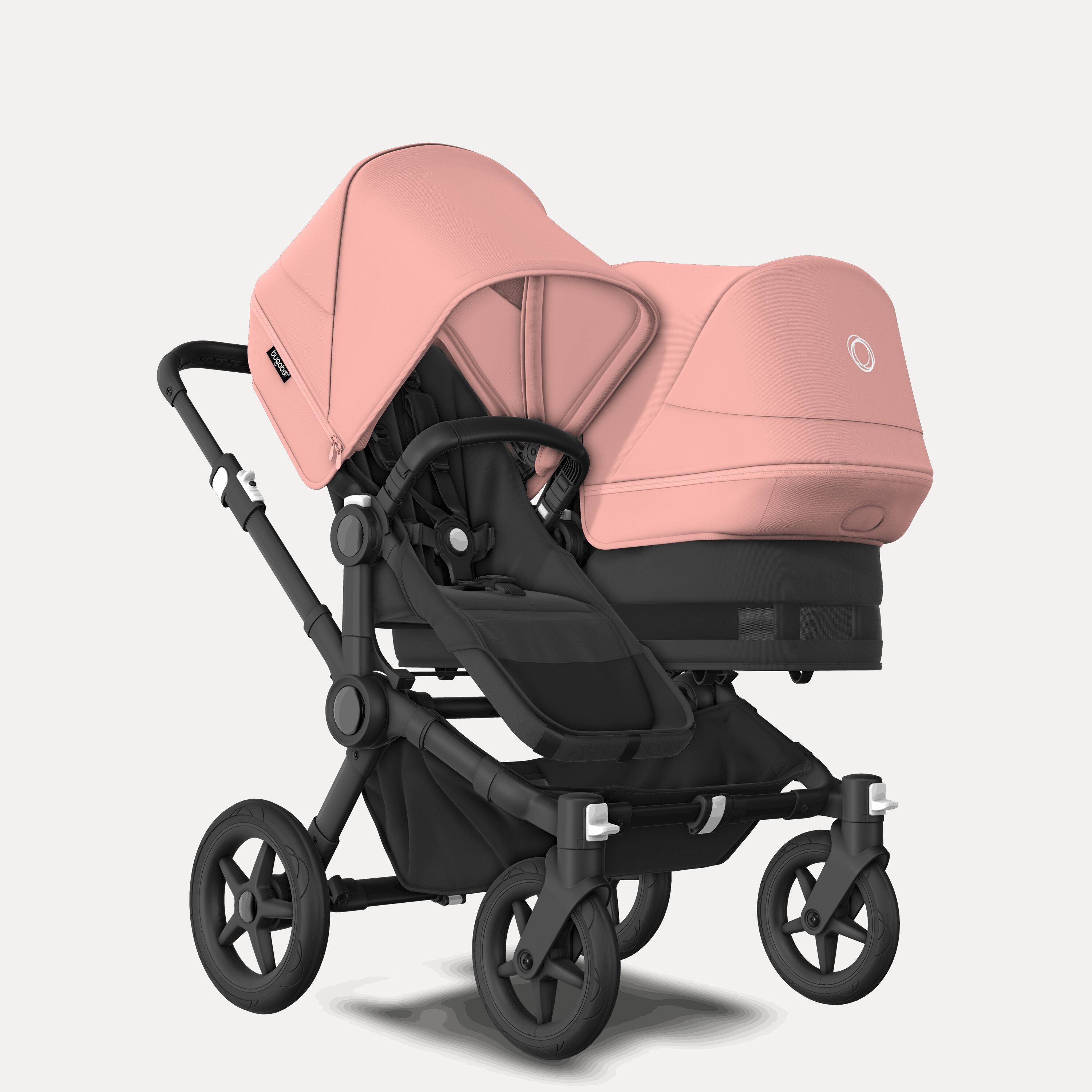 Bugaboo Donkey 5 Duo double stroller black base, midnight black fabrics, morning pink sun canopy - Main Modal Image Slide 1 of 9