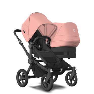Bugaboo Donkey 5 Duo double stroller black base, midnight black fabrics, morning pink sun canopy