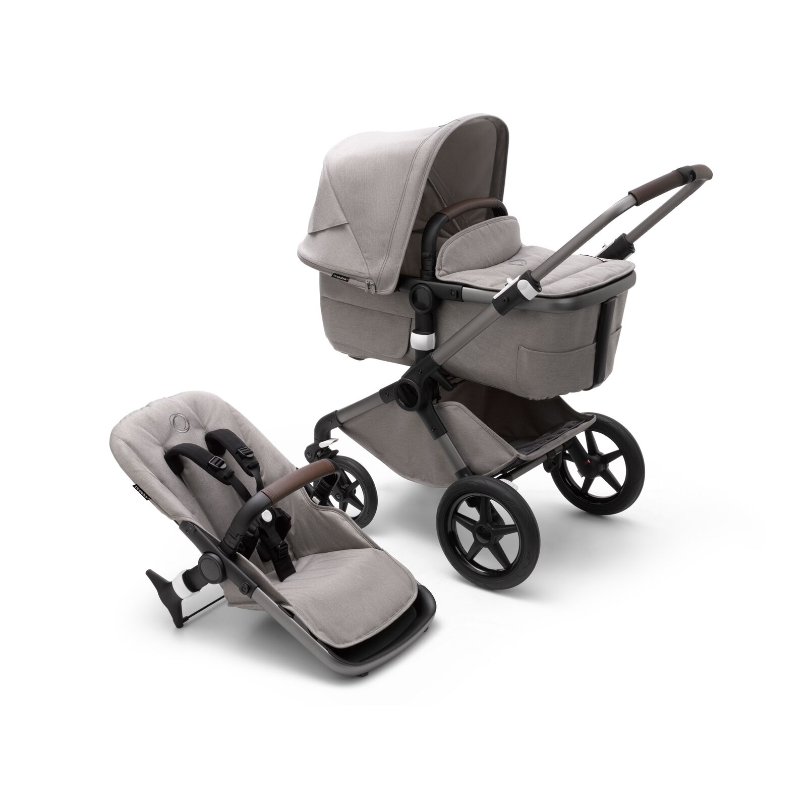 Bugaboo Fox 3 bassinet and seat stroller with graphite frame, light grey fabrics and light grey sun canopy.