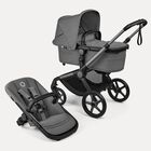 Bugaboo Fox 5 Renew carrycot and seat 2-in-1 pushchair, with graphite chassis, Moon Grey fabrics, and Moon Grey sun canopy.