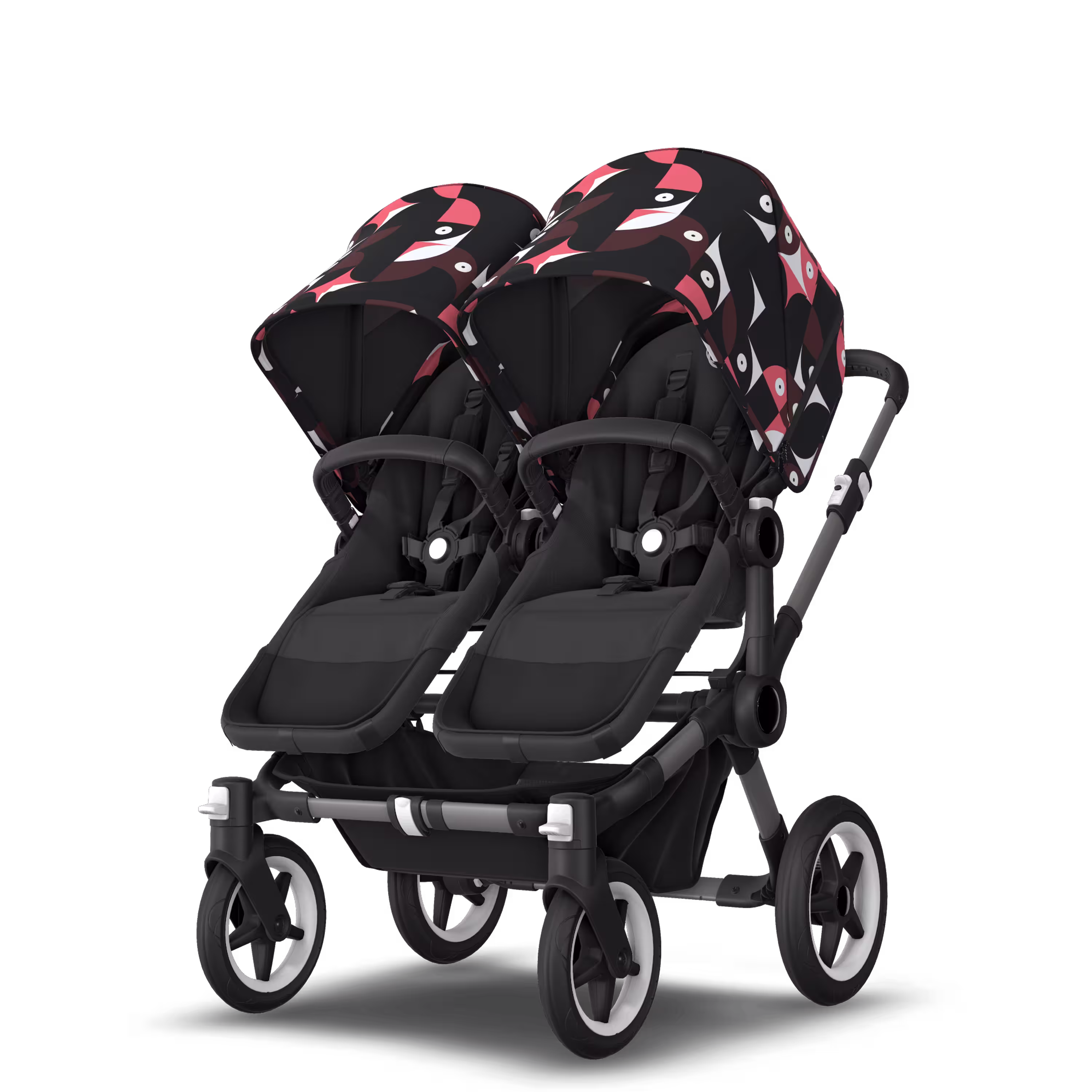 Bugaboo Donkey 5 twin stroller graphite base, midnight black fabrics, animal explorer pink/red sun canopy - Main Modal Image Slide 2 van 12