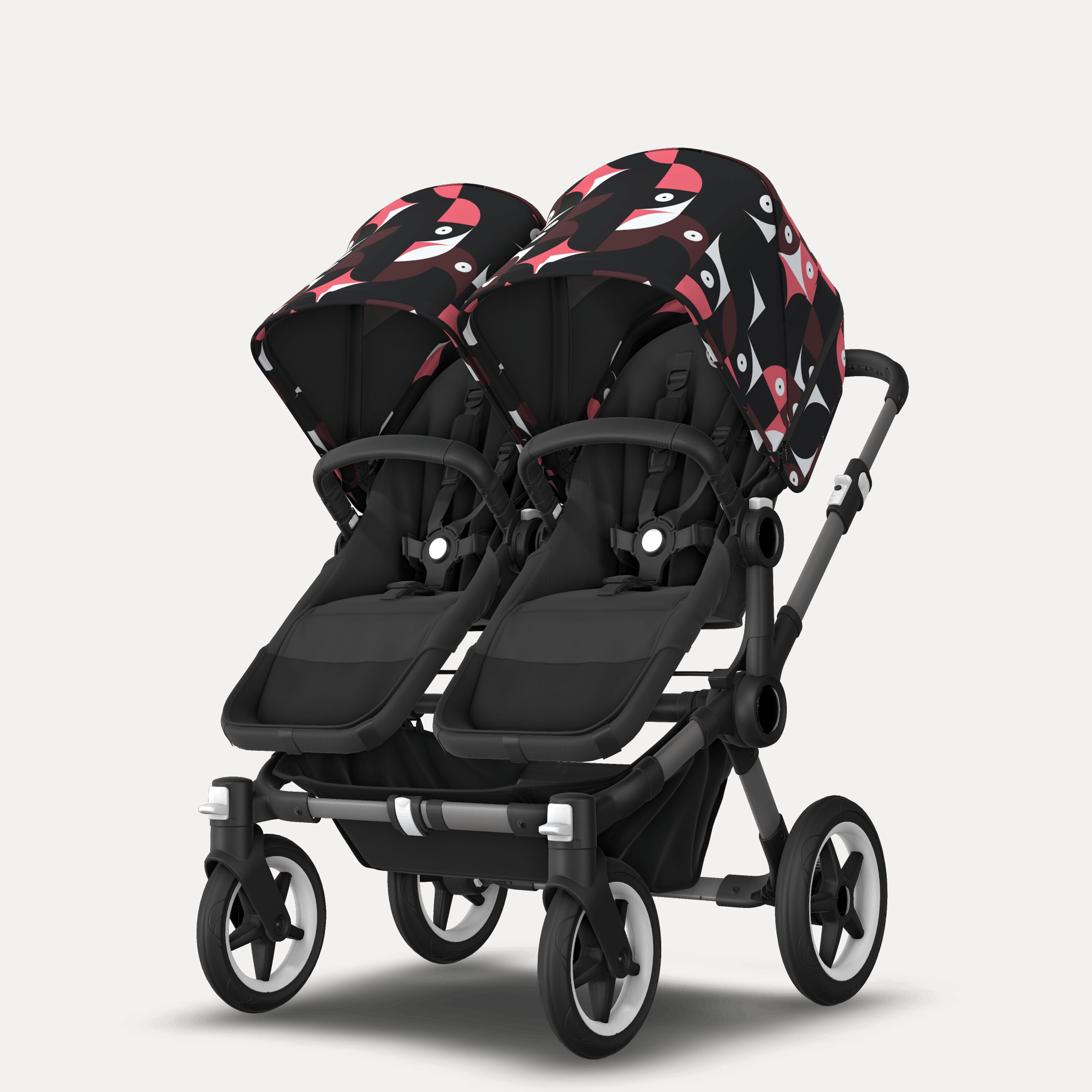 Bugaboo Donkey 5 twin stroller graphite base, midnight black fabrics, animal explorer pink/red sun canopy - Main Modal Image Slide 2 of 12