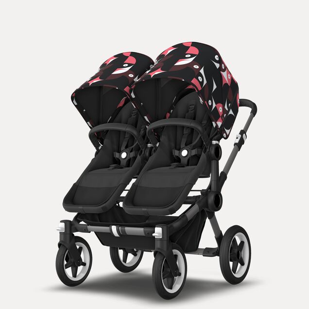 Bugaboo Donkey 5 twin stroller graphite base, midnight black fabrics, animal explorer pink/red sun canopy - Main Image Slide 2 of 12