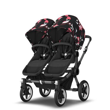 Bugaboo Donkey 5 twin stroller graphite base, midnight black fabrics, animal explorer pink/red sun canopy - view 2