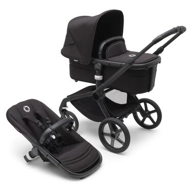 Bugaboo Fox 5 bassinet and seat pram with black chassis, midnight black fabrics and midnight black sun canopy.