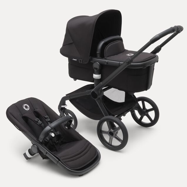 Bugaboo Fox 5 bassinet and seat pram with black chassis, midnight black fabrics and midnight black sun canopy. - Main Image Slide 1 of 13