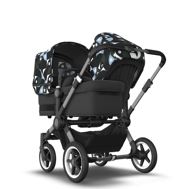 Bugaboo Donkey 5 Duo bassinet and seat stroller graphite base, midnight black fabrics, animal explorer green/ light blue sun canopy