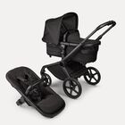 Bugaboo Fox 5 Noir Limited Edition bassinet and seat stroller, with Black Moonlight chassis, Black Moonlight fabrics, and Black Moonlight sun canopy.