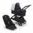 Bugaboo Dragonfly bassinet and seat stroller with black chassis, midnight black fabrics and skyline blue sun canopy. - Thumbnail Slide 1 of 16