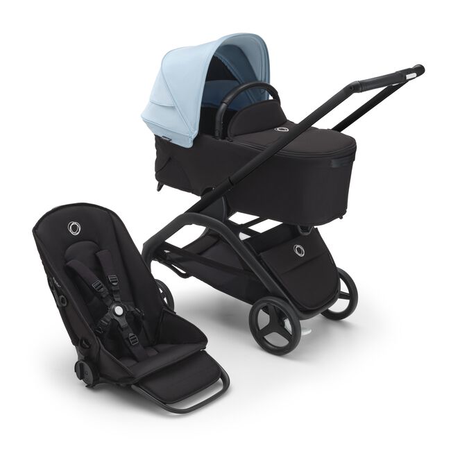 Bugaboo Dragonfly bassinet and seat stroller with black chassis, midnight black fabrics and skyline blue sun canopy.