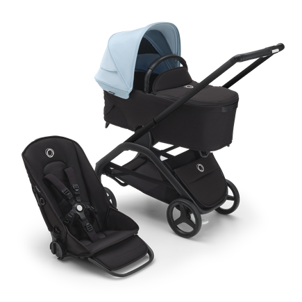 Bugaboo Dragonfly bassinet and seat stroller with black chassis, midnight black fabrics and skyline blue sun canopy.