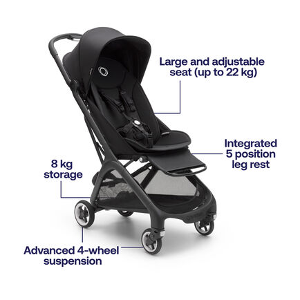 Bugaboo Butterfly stroller. Text reads: Large and adjustable seat (up to 22 kg). 8 kg storage. Integrated 5-position leg rest. Advanced 4-wheel suspension.