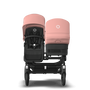 Bugaboo Donkey 5 Duo bassinet and seat stroller black base, midnight black fabrics, morning pink sun canopy