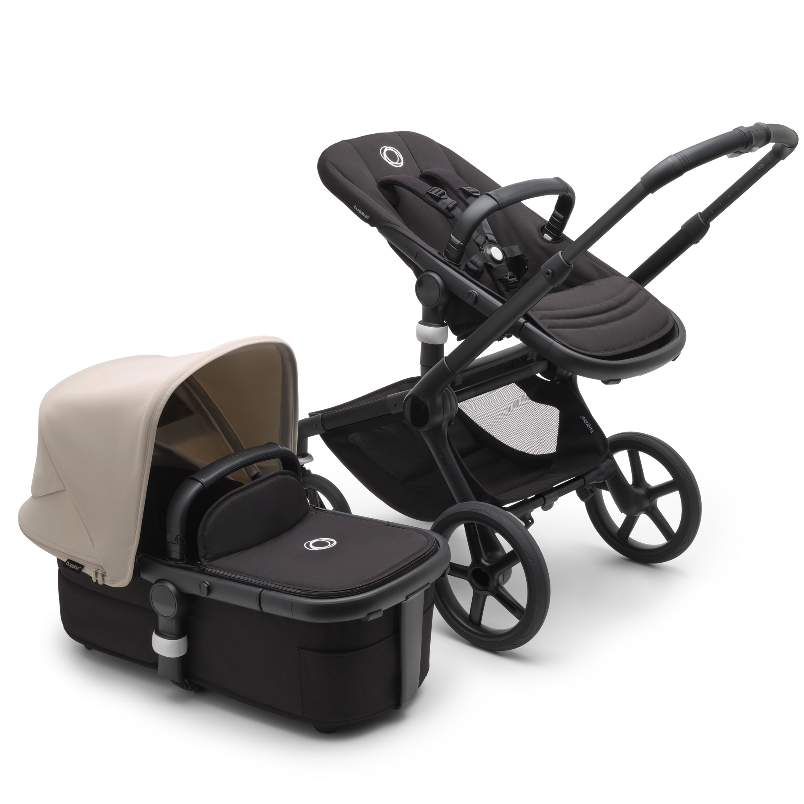 Bugaboo Fox 5 2-in-1 stroller black base, midnight black fabrics, desert taupe sun canopy - Thumbnail Slide 1 of 12