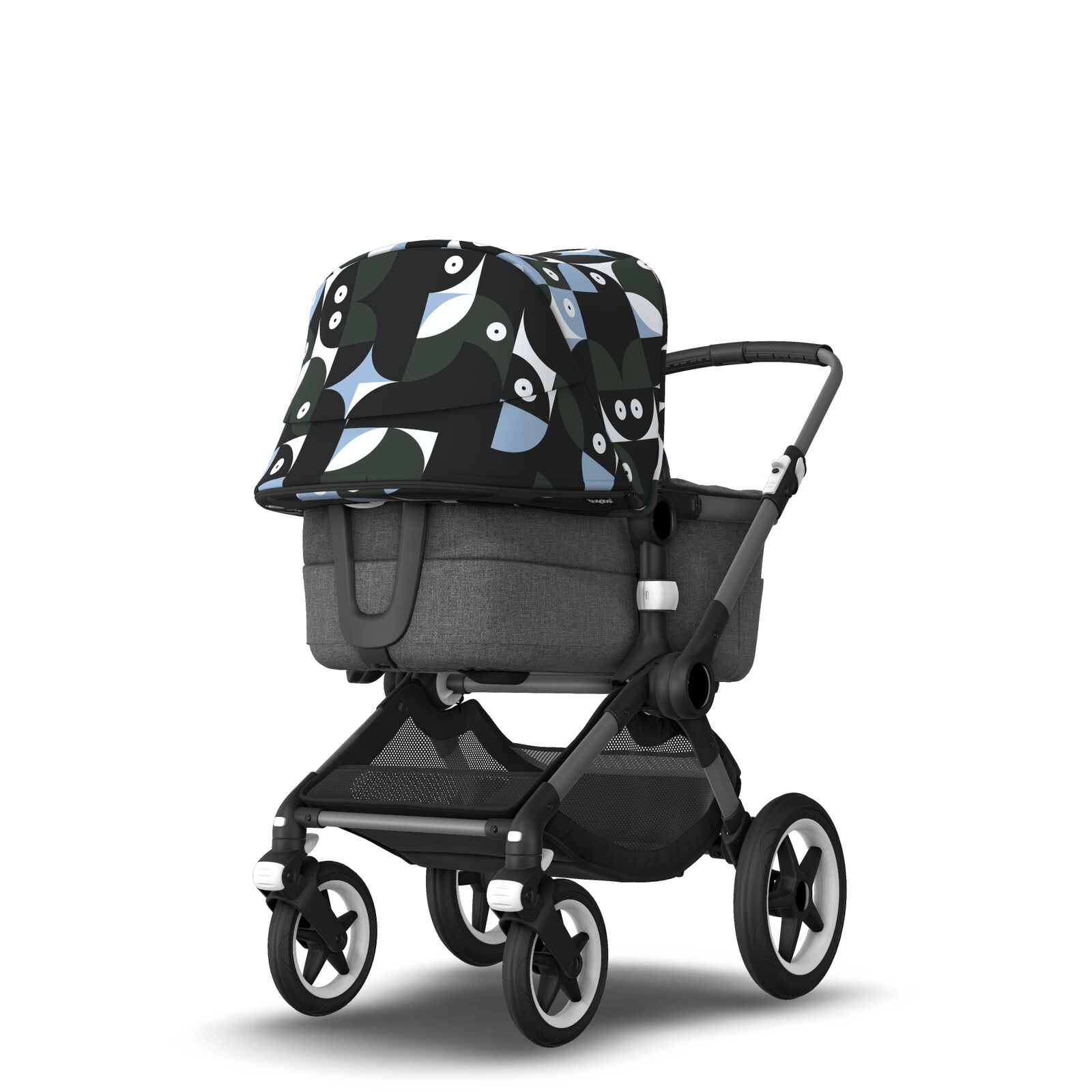 Bugaboo Fox 3 bassinet and seat stroller graphite base, grey melange fabrics, animal explorer green/ light blue sun canopy