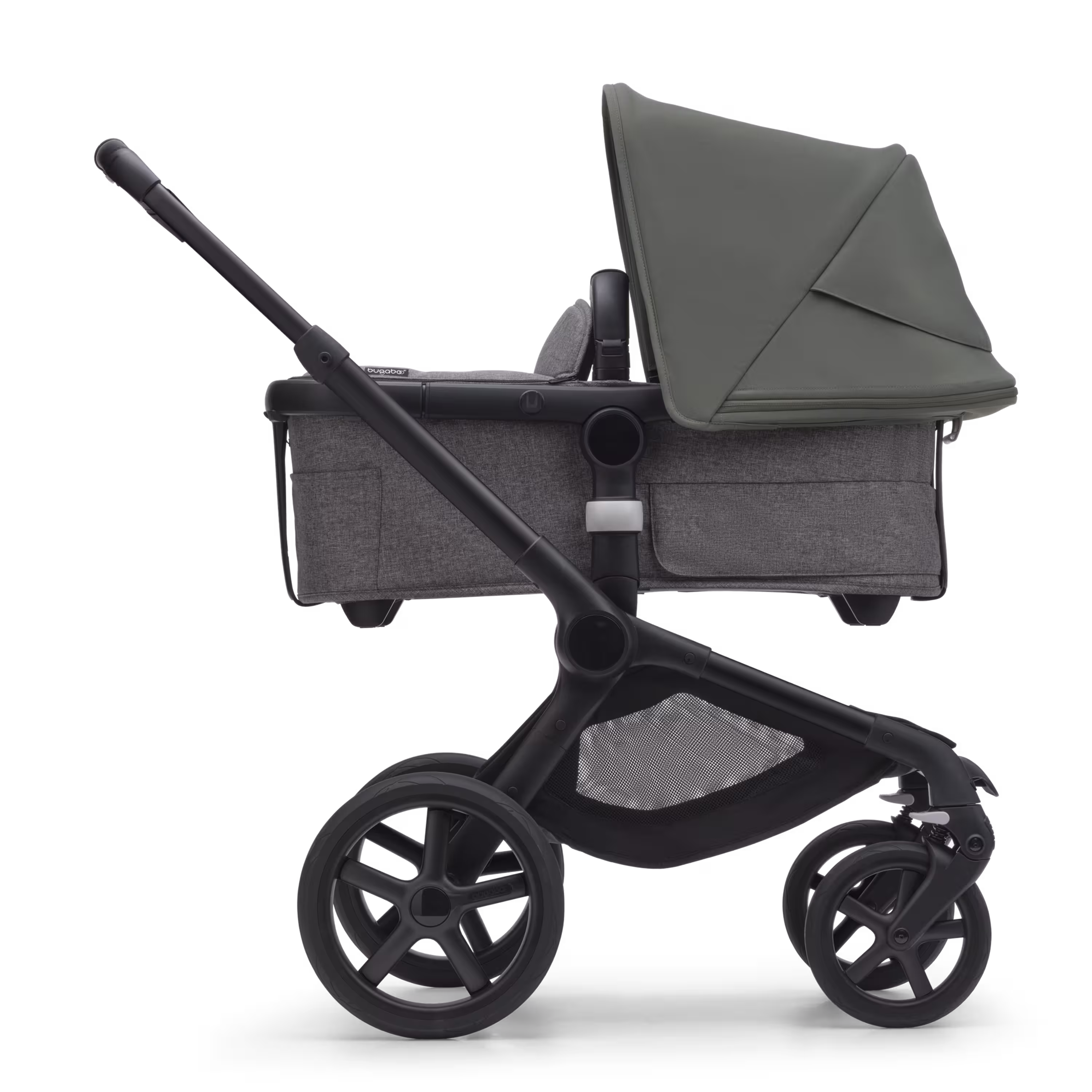 Side view of the Bugaboo Fox 5 bassinet stroller with black chassis, grey melange fabrics and forest green sun canopy. - Main Modal Image Slide 2 of 12