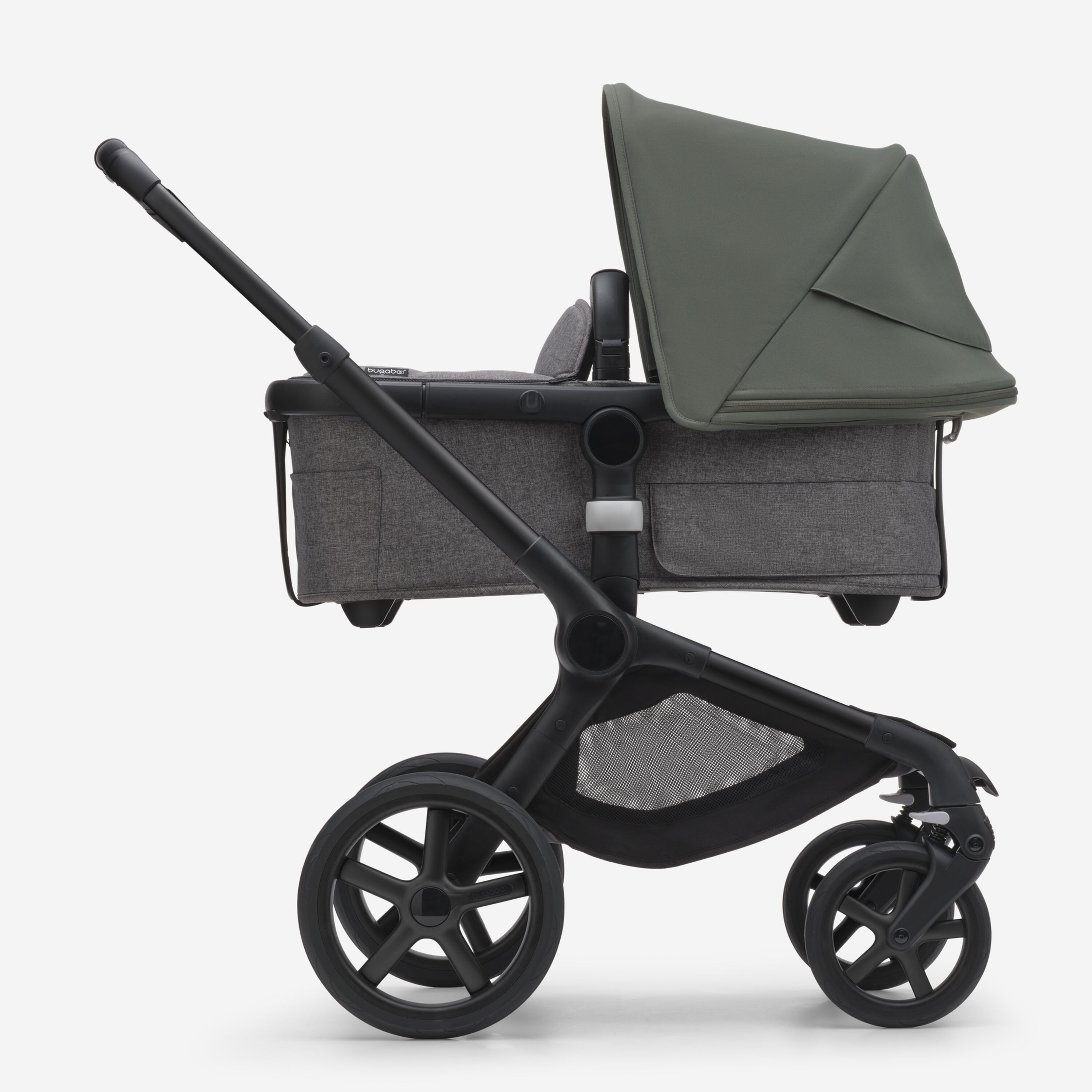 Side view of the Bugaboo Fox 5 bassinet stroller with black chassis, grey melange fabrics and forest green sun canopy. - Main Modal Image Slide 2 of 12