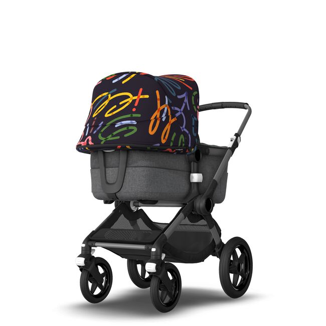 Bugaboo Fox 3 bassinet and seat stroller black base, grey melange fabrics, art of discovery dark blue sun canopy
