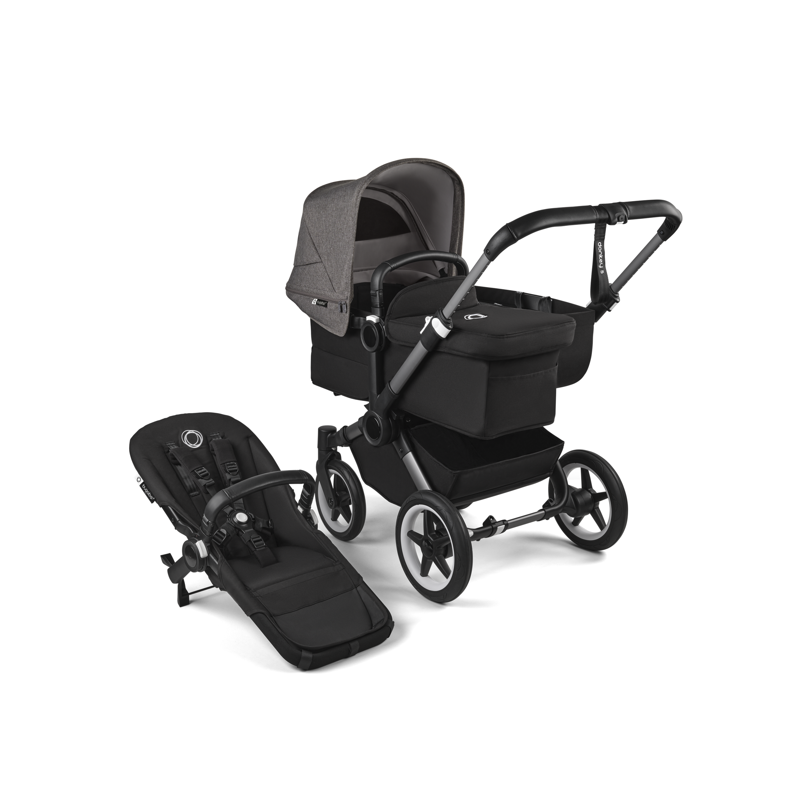 Refurbished Bugaboo Donkey 5 Mono bassinet and seat stroller graphite base, midnight black fabrics, grey mélange sun canopy - Thumbnail Slide 1 of 11