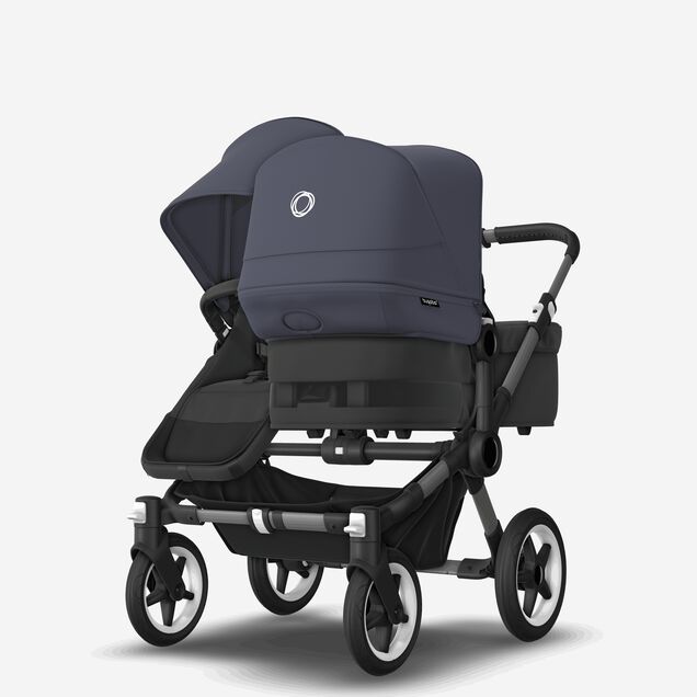 Bugaboo Donkey 5 Duo double stroller graphite base, midnight black fabrics, stormy blue sun canopy - Main Image Slide 3 of 11