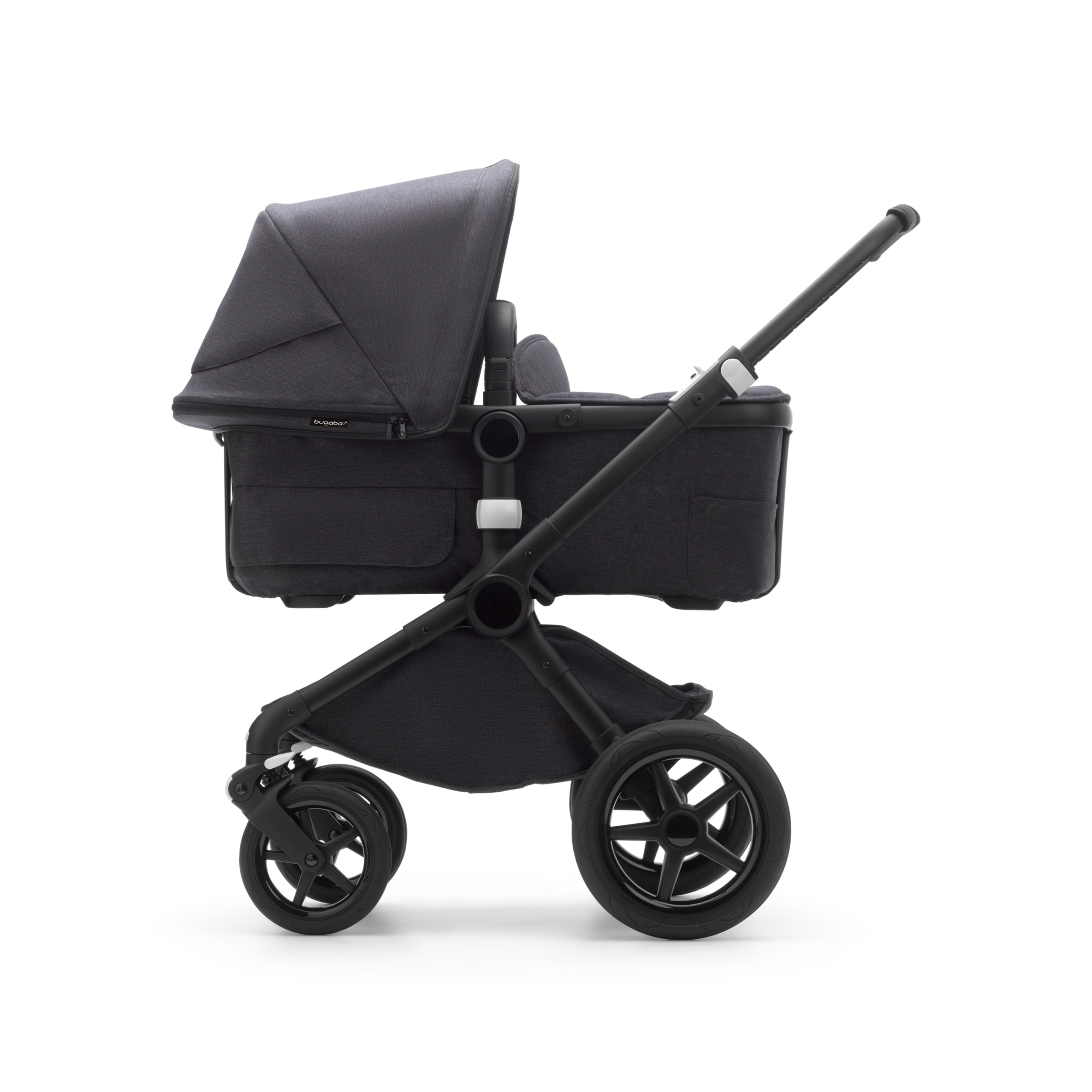 Side view of a Fox 3 pram body stroller with black frame and mineral washed black fabrics. - Thumbnail Slide 15 of 15