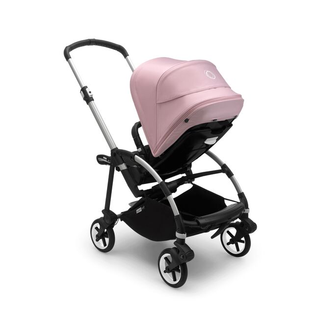 Bugaboo Bee 6 bassinet and seat stroller soft pink sun canopy, black fabrics, aluminium base