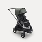 Poussette Bugaboo Dragonfly avec siège, châssis graphite, housse gris chiné et capote vert forêt.