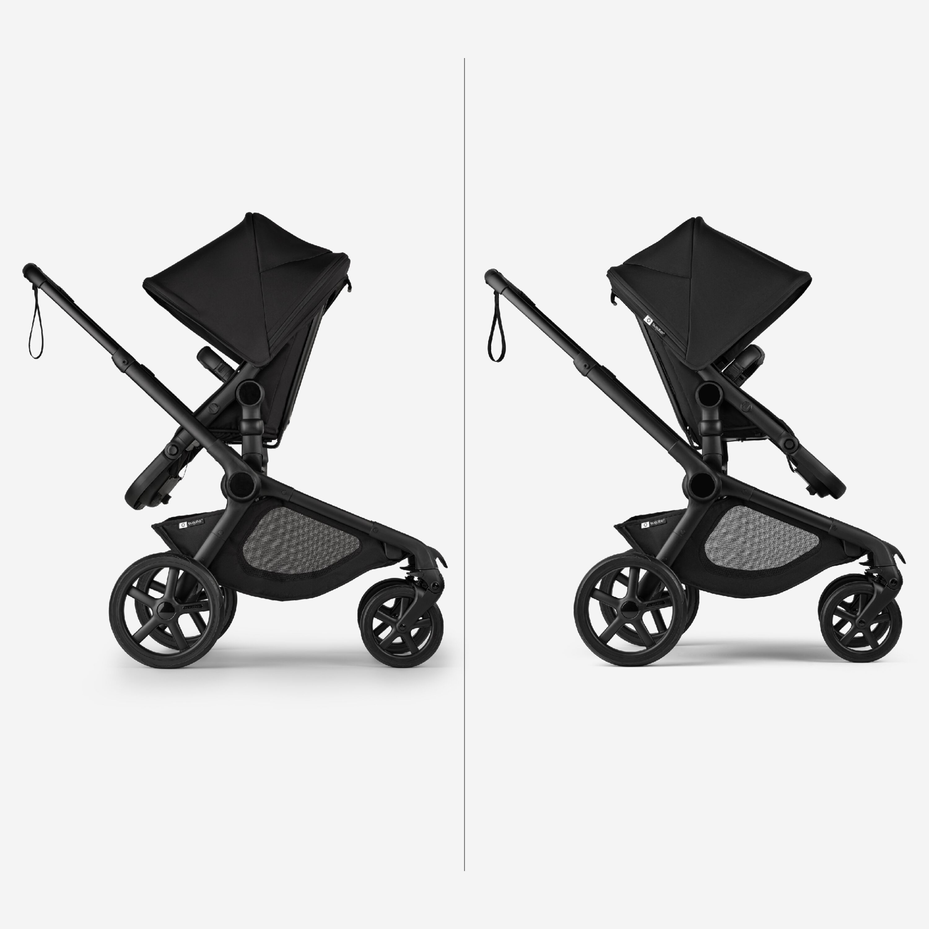 Two Bugaboo Kangaroo 2-in-1 strollers side by side. The left one has the seat facing the parent. The right one has the seat facing the world. - Main Modal Image Slide 10 of 18