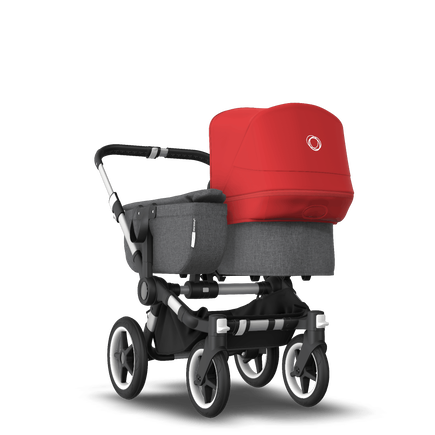 Bugaboo Donkey 3 Mono seat and bassinet stroller red sun canopy, grey melange fabrics, aluminium base
