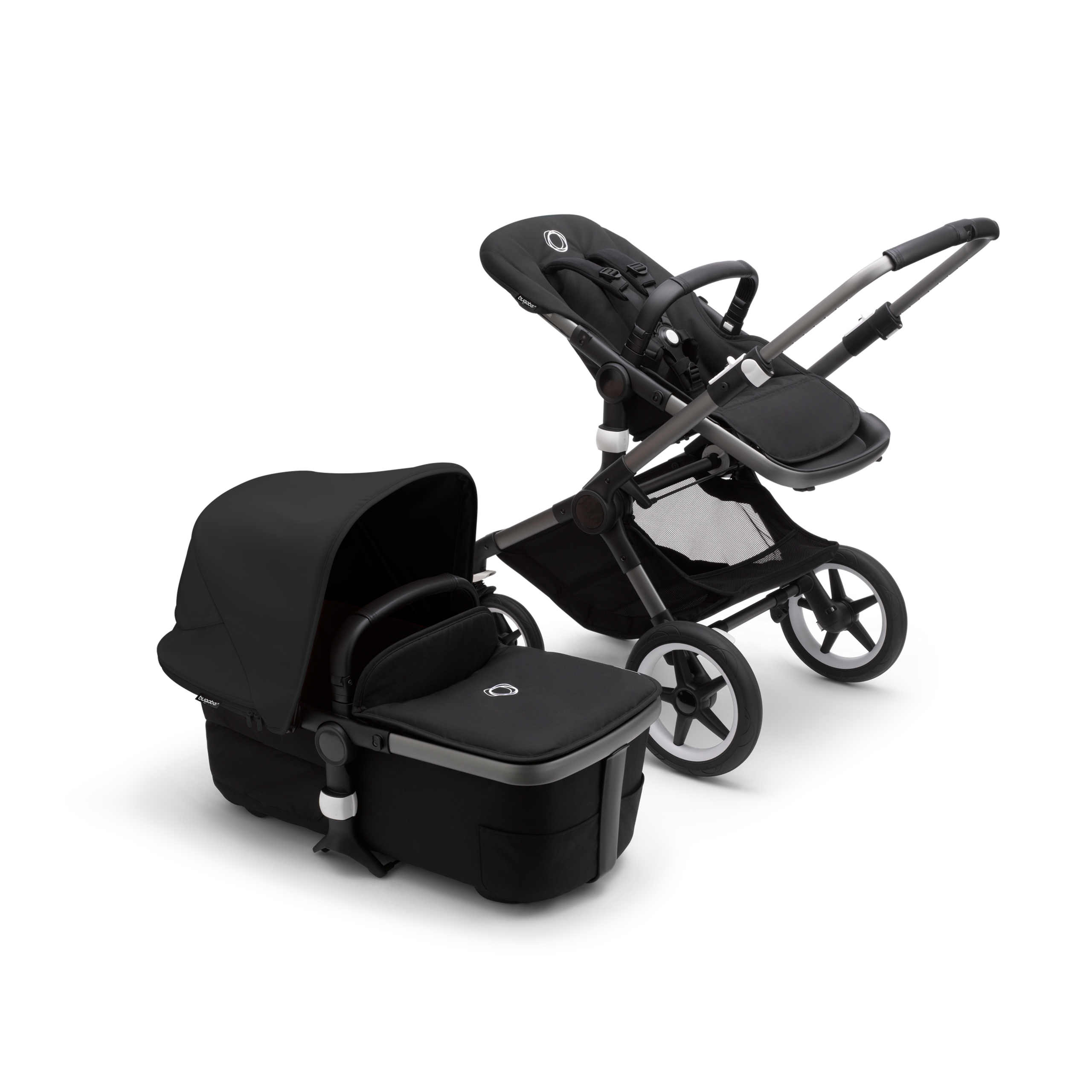 Bugaboo Fox 3 bassinet and seat stroller with graphite frame, black fabrics, and black sun canopy. - Thumbnail Slide 6 of 7