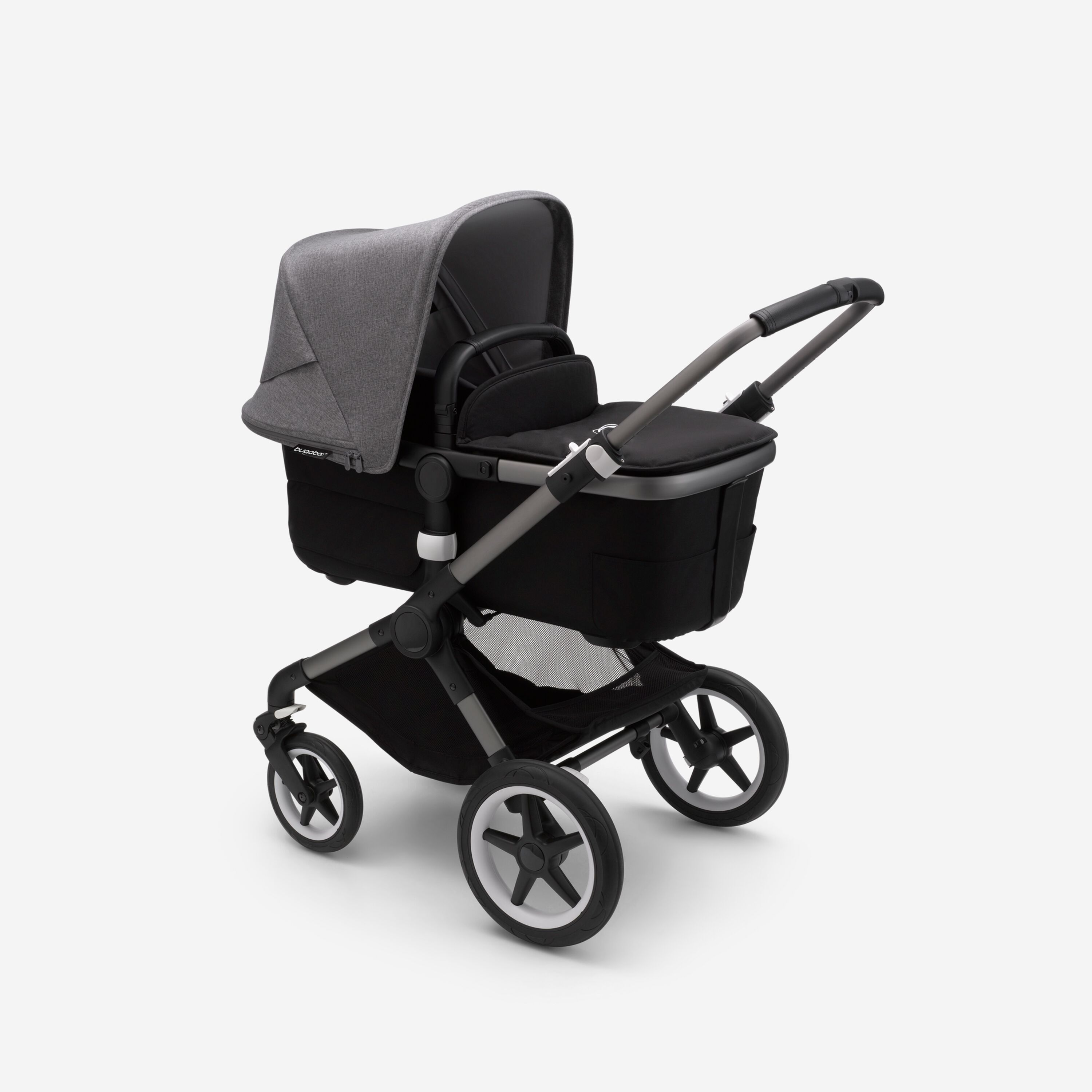 Bugaboo Fox 3 bassinet stroller with graphite frame, black fabrics, and grey sun canopy. - Main Modal Image Slide 2 of 7