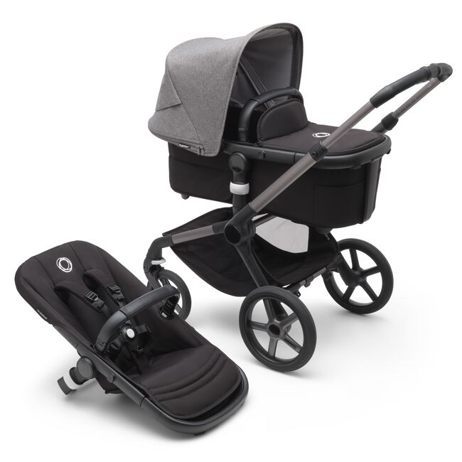 Bugaboo Fox 5 bassinet and seat pram with graphite chassis, midnight black fabrics and grey melange sun canopy.