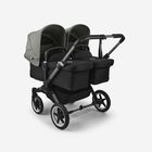 Bugaboo Donkey 5 twin stroller graphite base, midnight black fabrics, forest green sun canopy