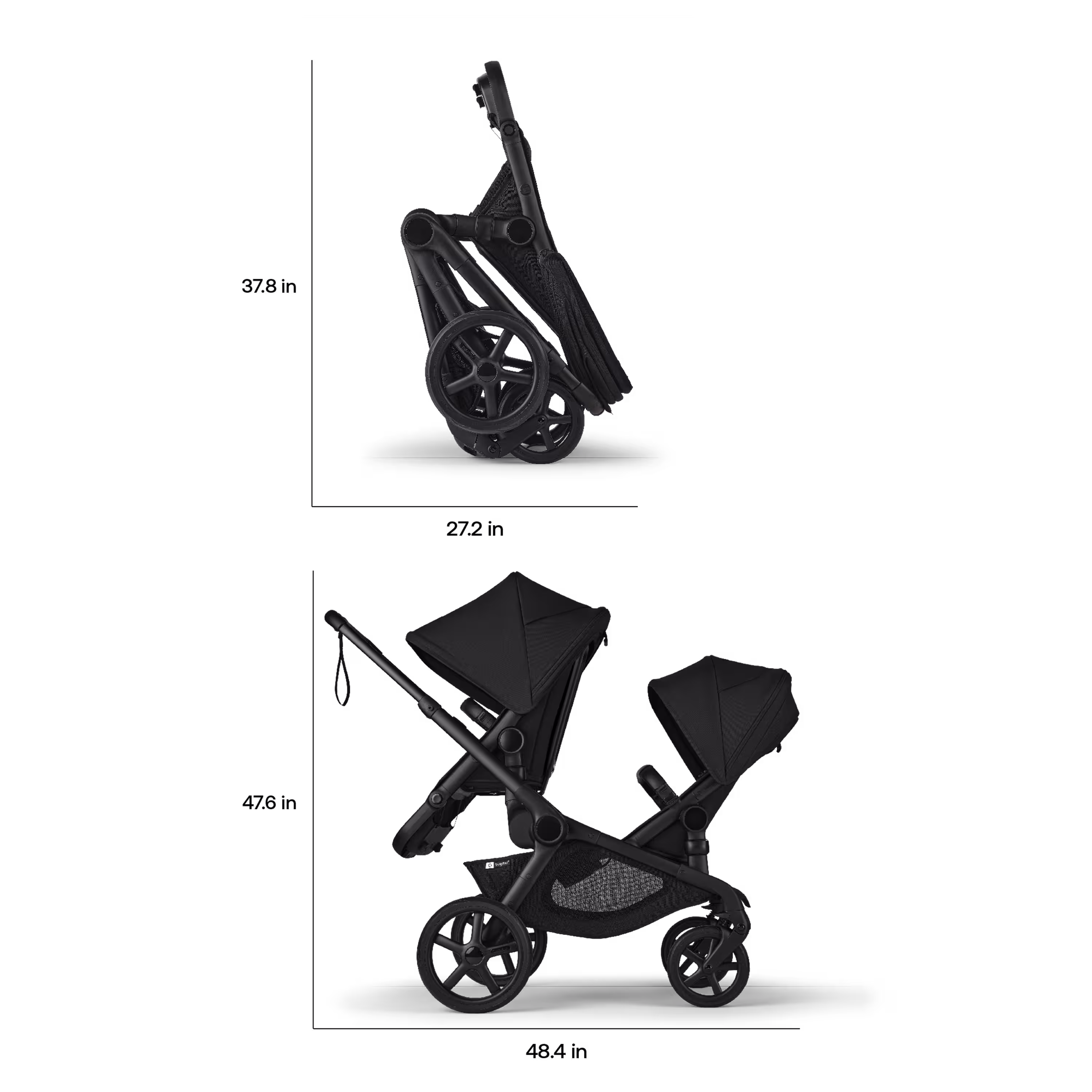 Bugaboo Kangaroo seat-only tandem black base, moon grey fabrics, moon grey sun canopy - Main Modal Image Slide 9 of 12