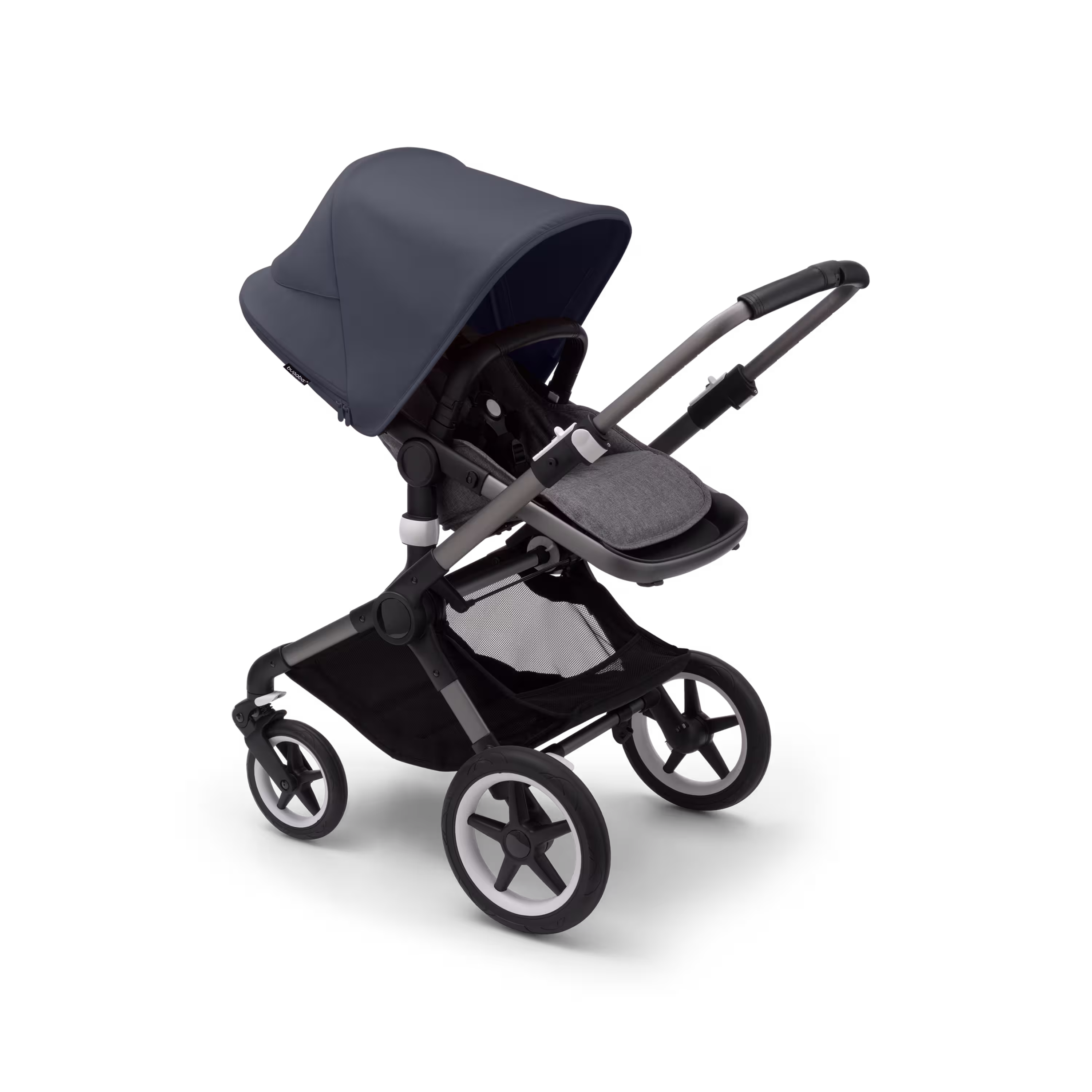 Bugaboo Fox 3 seat stroller with graphite frame, grey fabrics, and stormy blue sun canopy. - Main Modal Image Slide 6 of 7