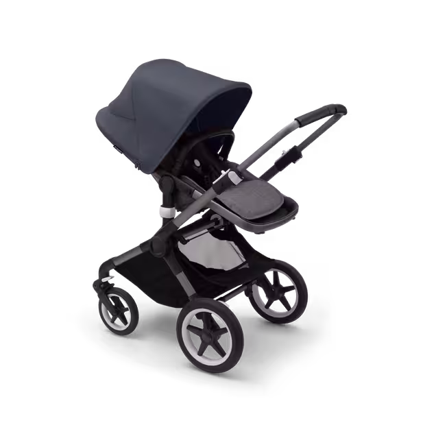 Bugaboo Fox 3 seat stroller with graphite frame, grey fabrics, and stormy blue sun canopy. - Main Image Slide 6 of 7