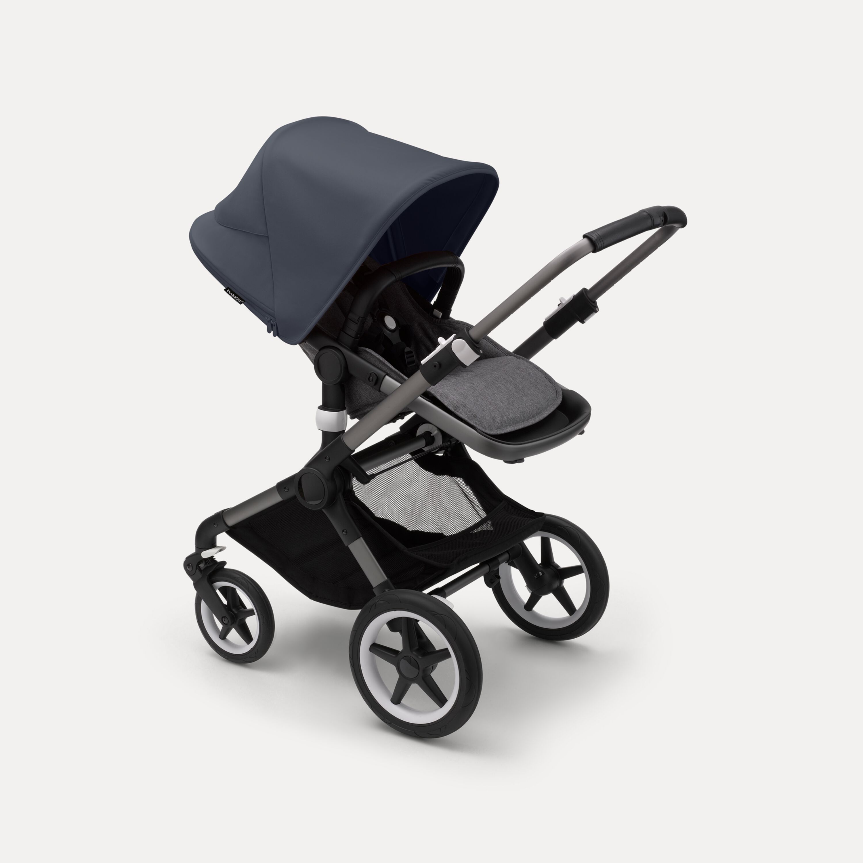 Bugaboo Fox 3 seat stroller with graphite frame, grey fabrics, and stormy blue sun canopy. - Main Modal Image Slide 6 of 7