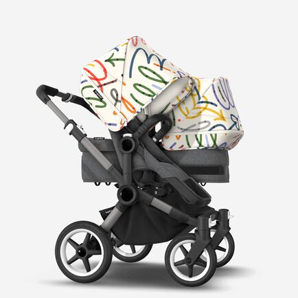 Bugaboo Donkey 5 Duo bassinet and seat stroller graphite base, grey mélange fabrics, art of discovery white sun canopy