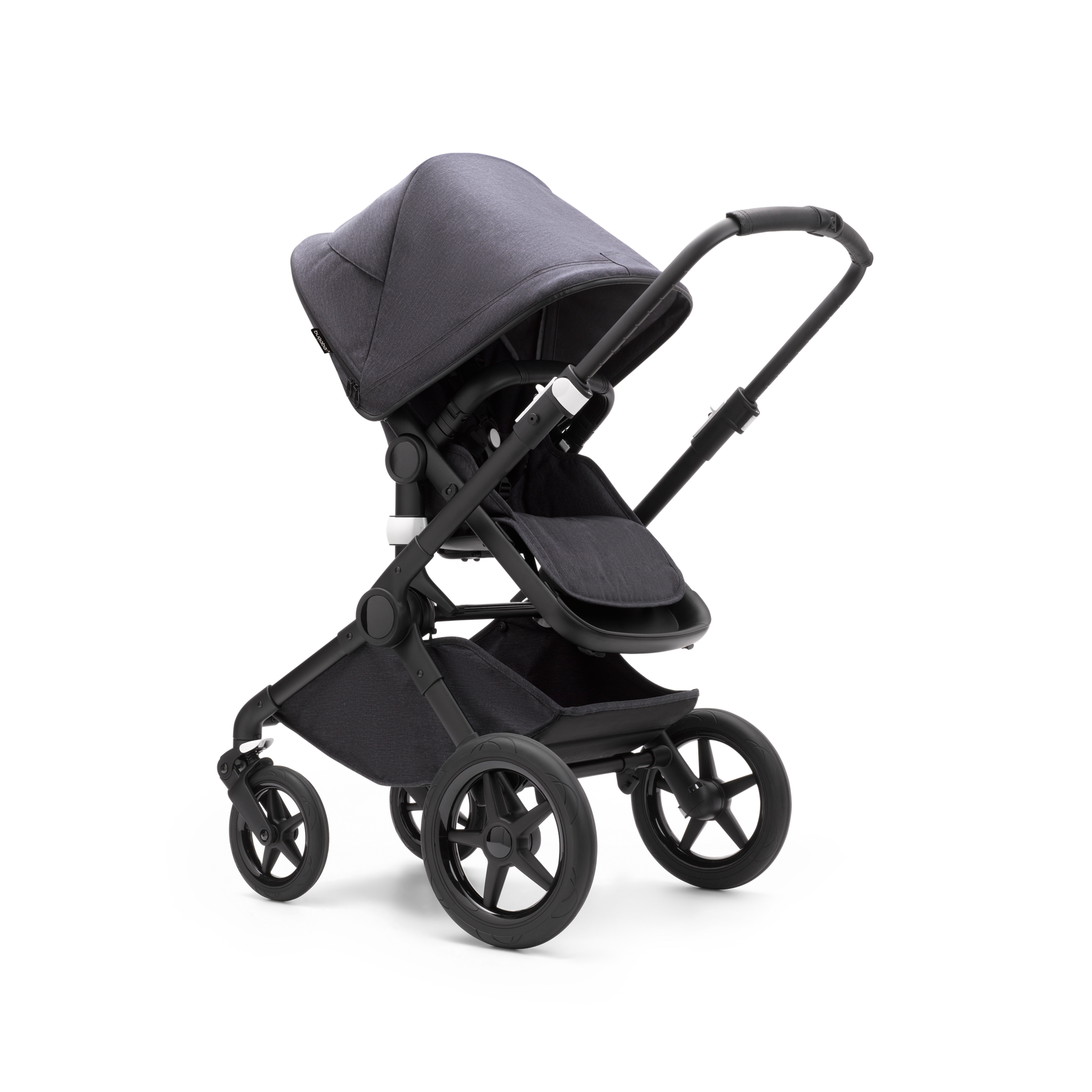 Bugaboo Fox 3 seat stroller with black frame, mineral black fabrics, and mineral black sun canopy. - Thumbnail Slide 12 of 15